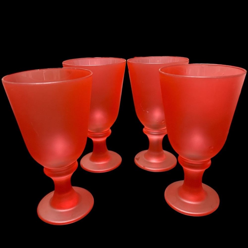 VINTAGE LIBBEY FROSTED RED FLARE GLASS WATER GOBLETS